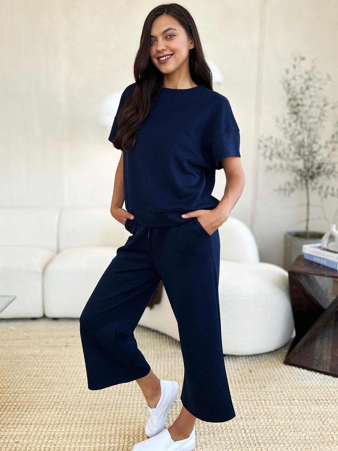 Double Take Full Size Texture Short Sleeve Top and Pants Set - Divasha