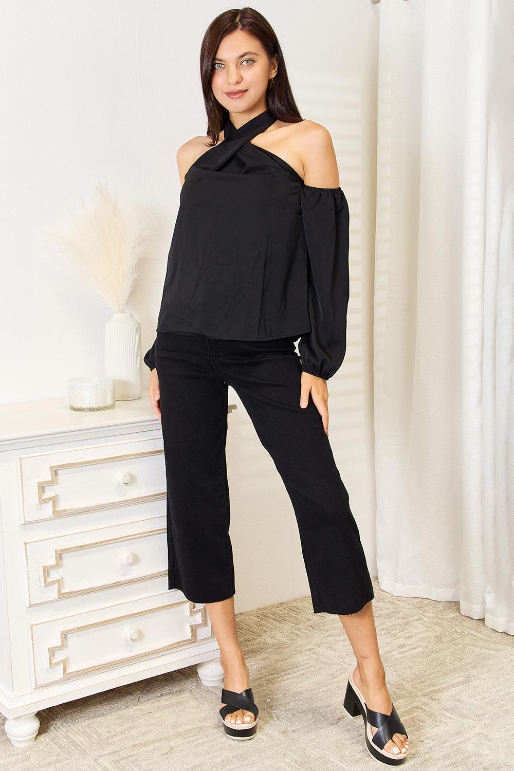 Perfee Grecian Cold Shoulder Long Sleeve Blouse - Divasha