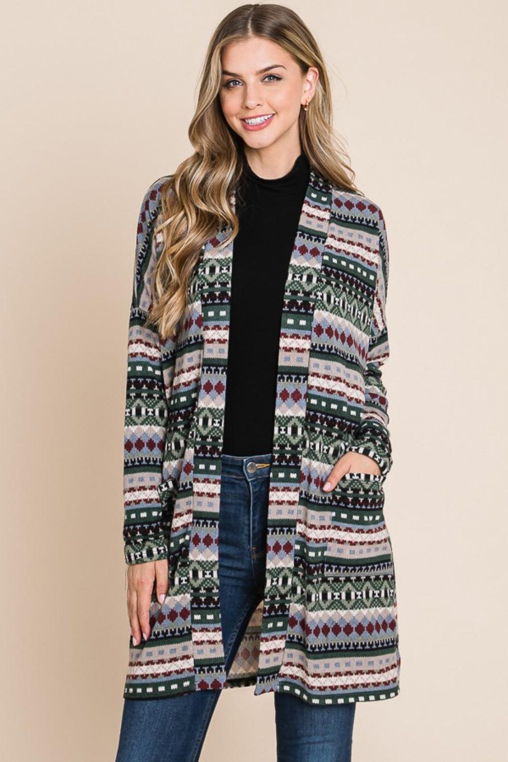 BOMBOM Geometric Open Front Long Sleeve Cardigan with Pockets - Divasha