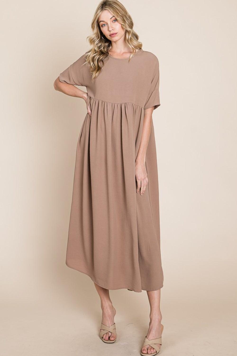 BOMBOM Round Neck Ruched Midi Dress - Divasha