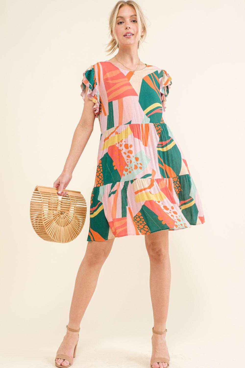 And The Why Printed Double Ruffle Sleeve Dress - Divasha