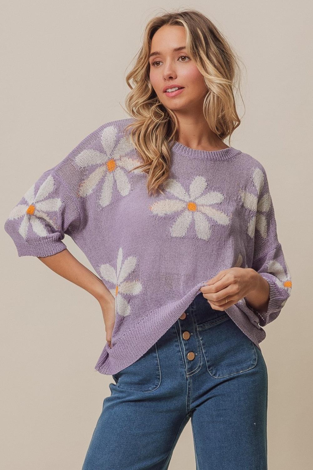 BiBi Floral Pattern Slit Sweater - Divasha