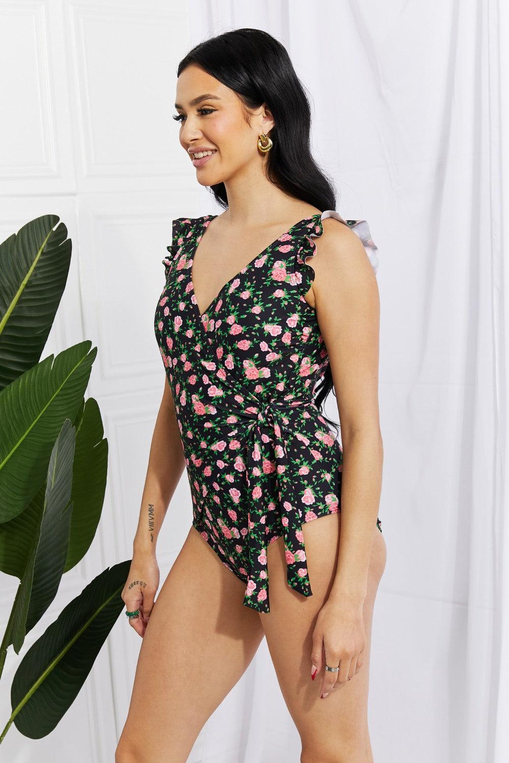 Marina West Swim Full Size Float On Ruffle Faux Wrap One-Piece in Floral - Divasha