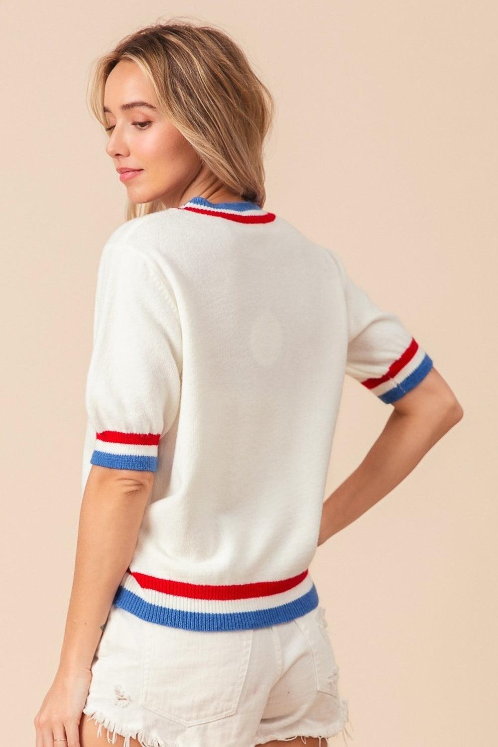 BiBi US Flag Theme Striped Heart Sweater - Divasha