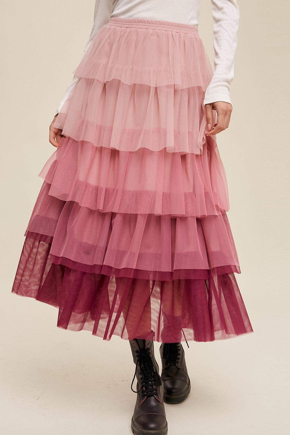 Elastic Waist Layered Tulle Midi Skirt - Divasha