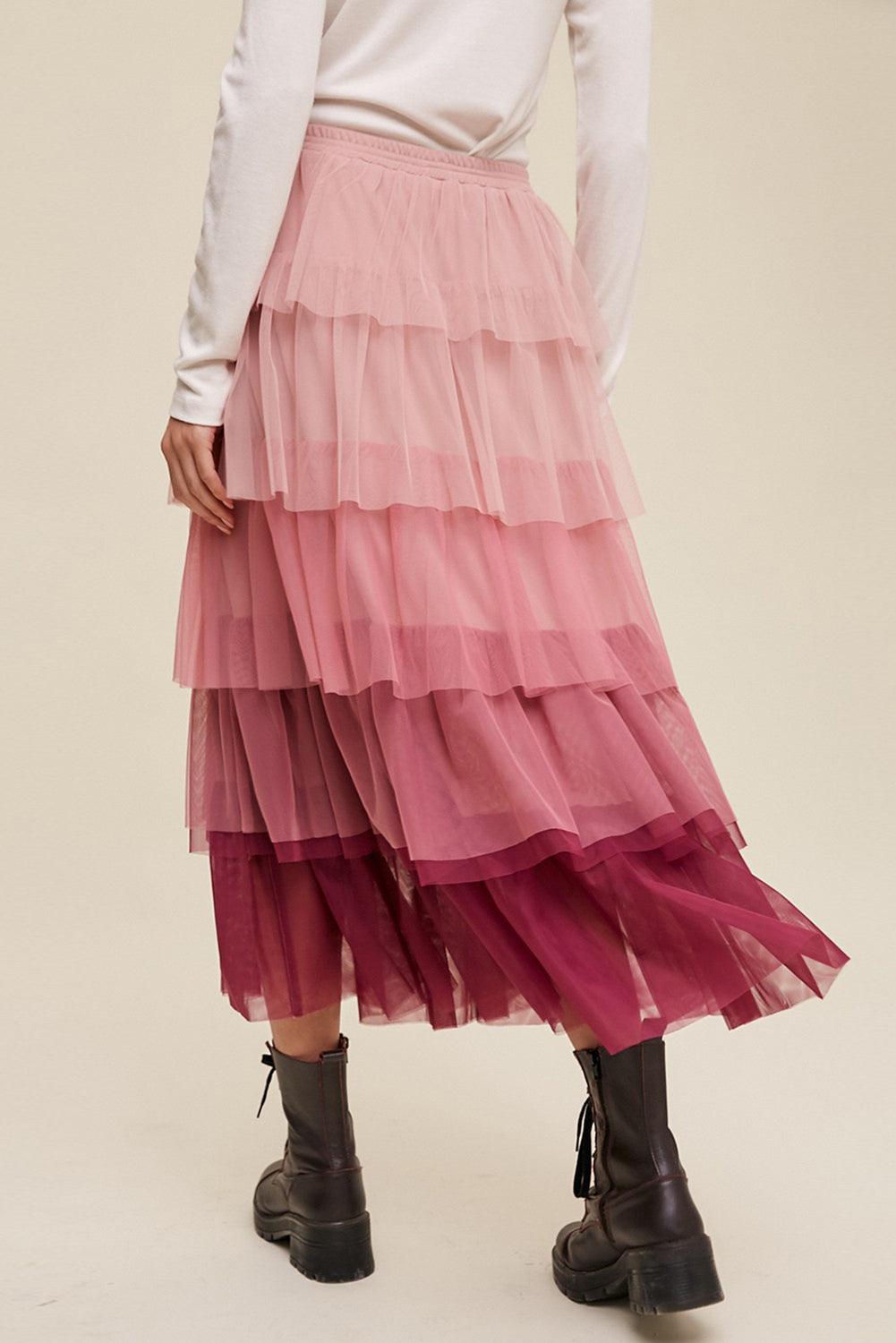 Elastic Waist Layered Tulle Midi Skirt - Divasha