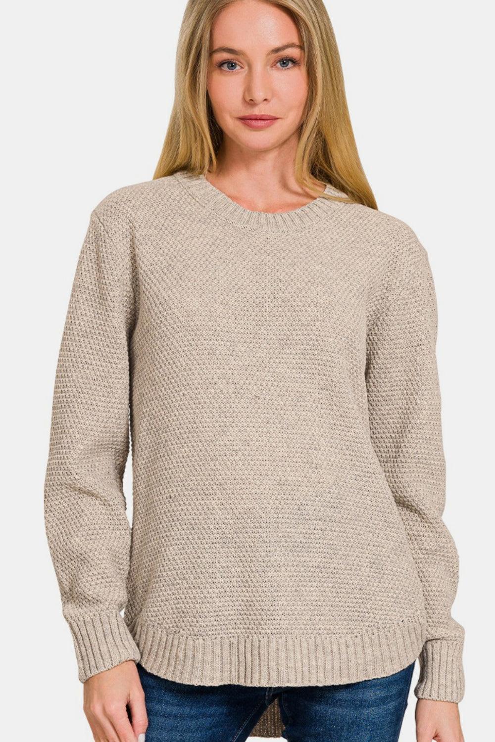 Zenana Ful Size Round Neck Long Sleeve Curved Hem Sweater - Divasha