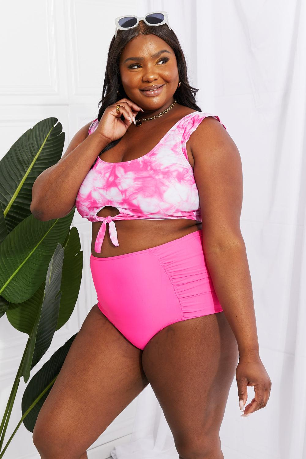 Marina West Swim Sanibel Crop Swim Top and Ruched Bottoms Set in Pink - Divasha