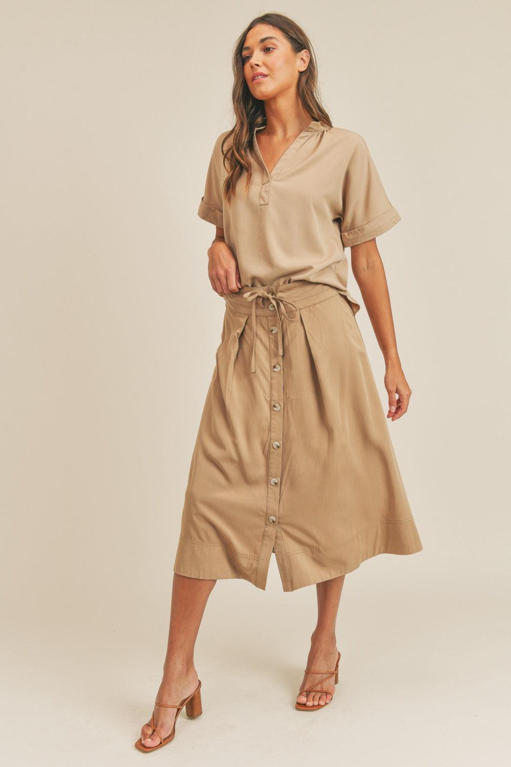 MABLE Short Sleeve Top and Button Down Midi Skirt Set - Divasha