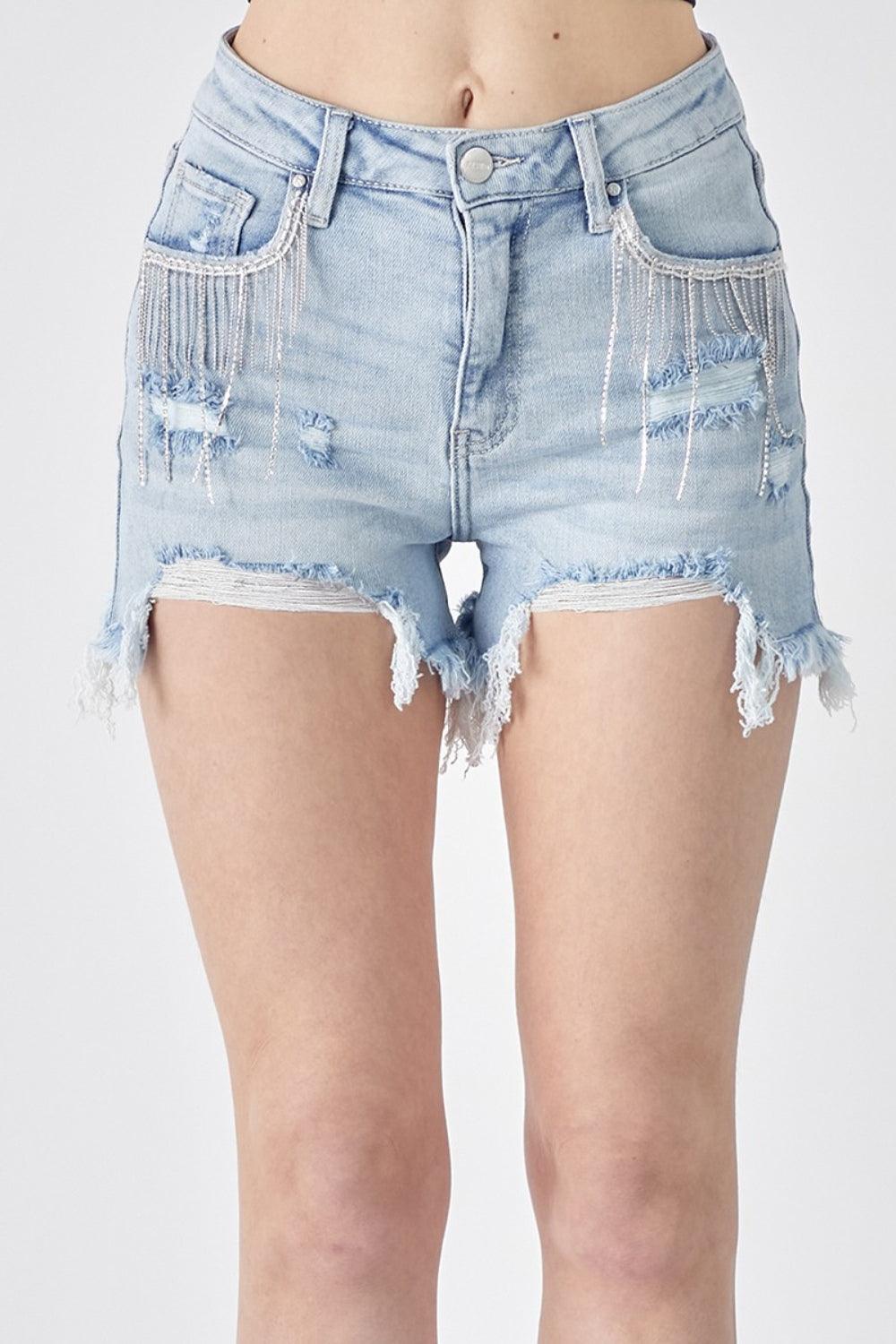 RISEN Frayed Hem Denim Shorts with Fringe Detail Pockets - Divasha