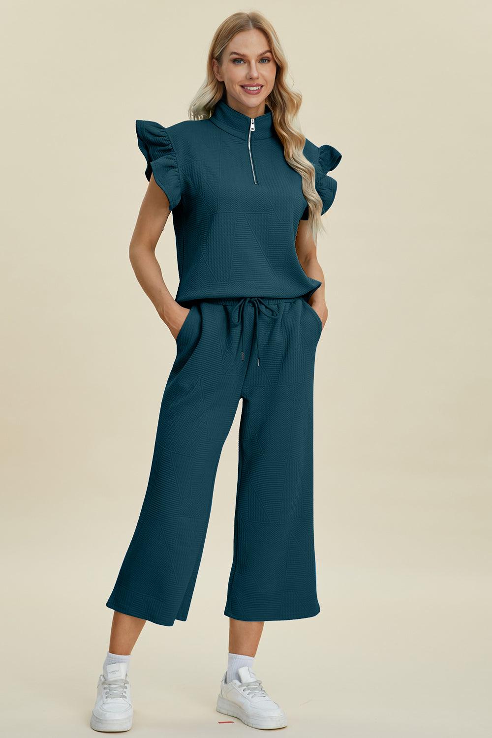 Double Take Full Size Texture Ruffle Short Sleeve Top and Wide Leg Pants Set - Divasha