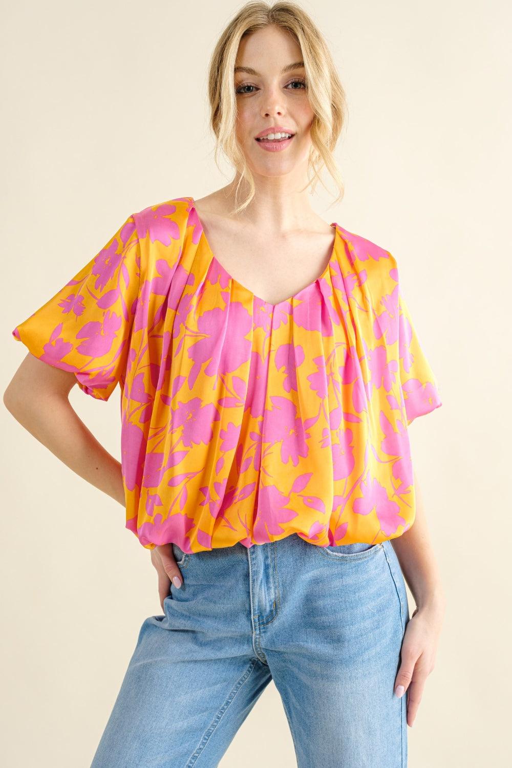 And The Why Full Size Printed Satin Bubble Hem Top - Divasha