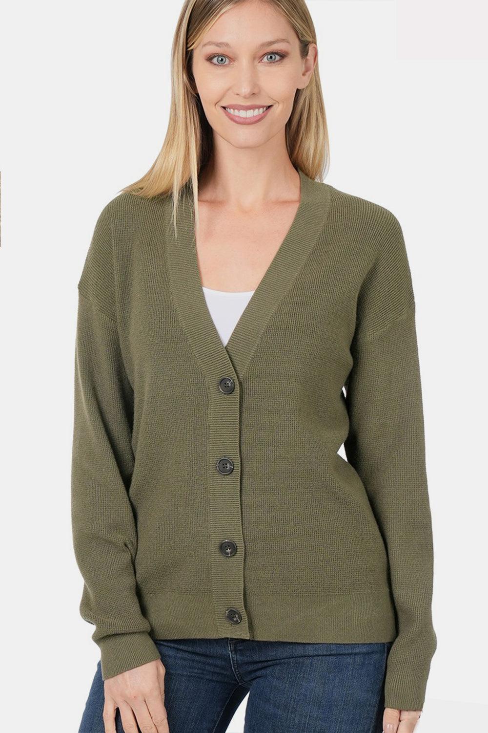 Zenana Button Up V-Neck Dropped Shoulder Cardigan - Divasha