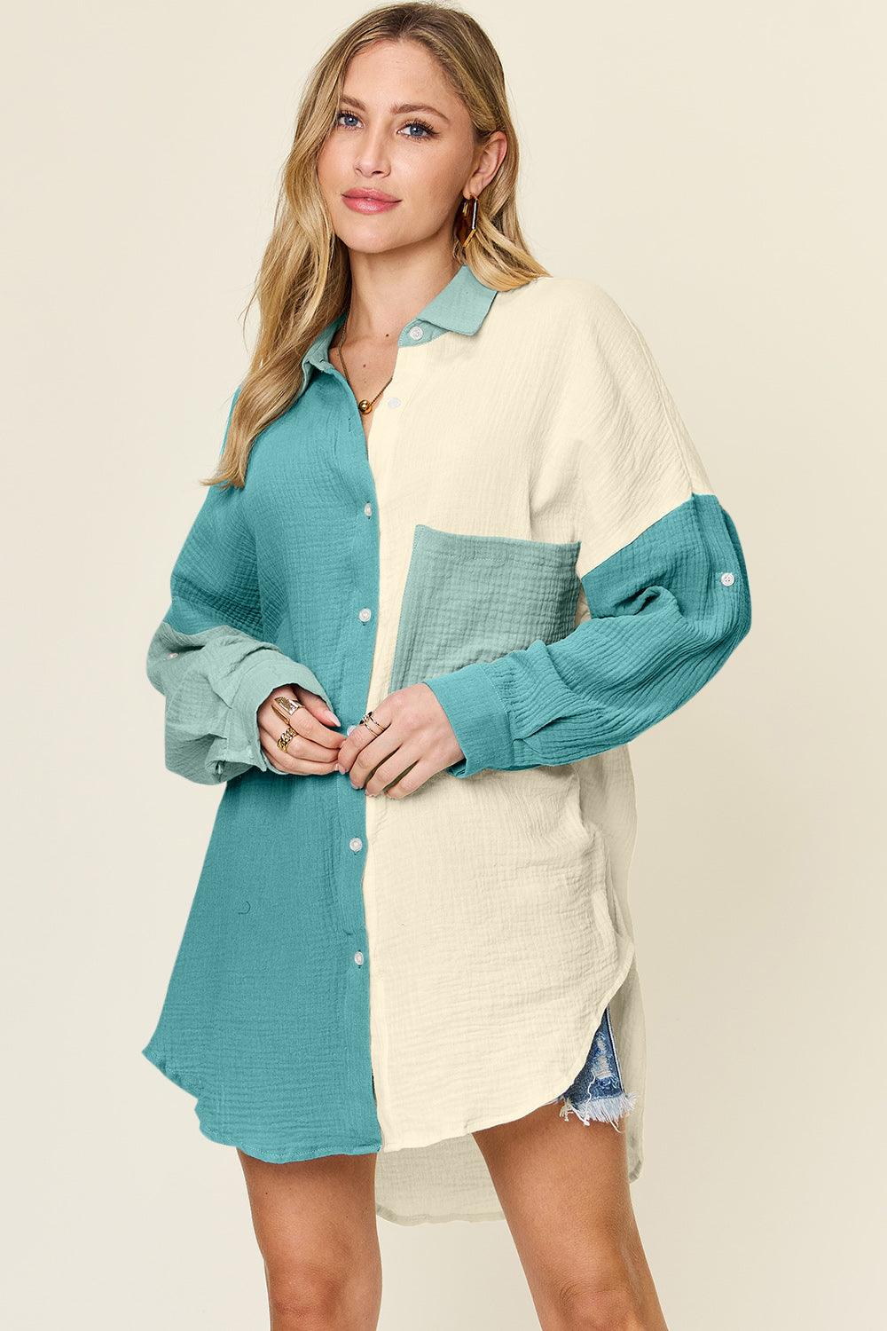 Double Take Full Size Pocketed Texture Button Up Shirt - Divasha