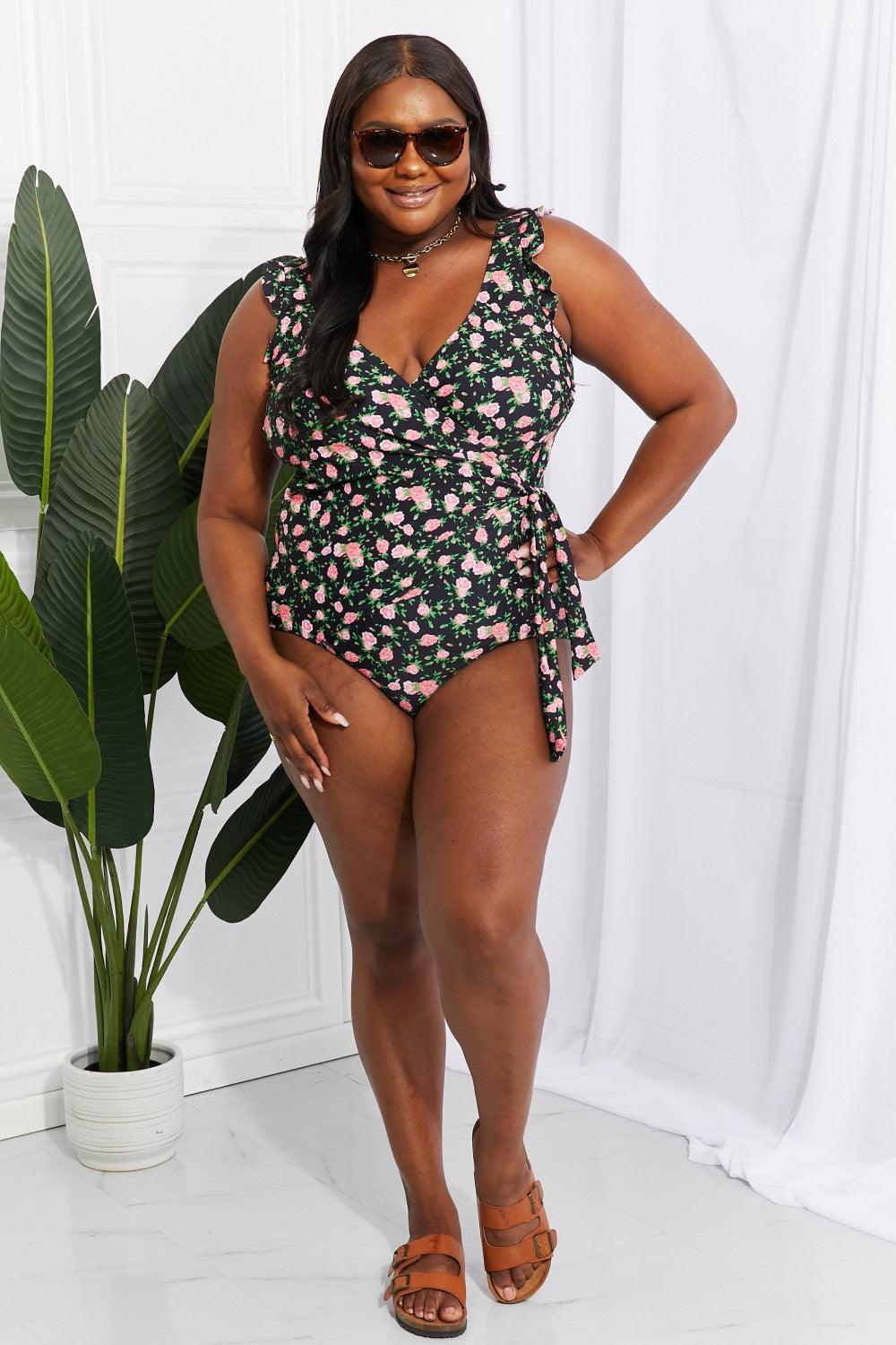 Marina West Swim Full Size Float On Ruffle Faux Wrap One-Piece in Floral - Divasha