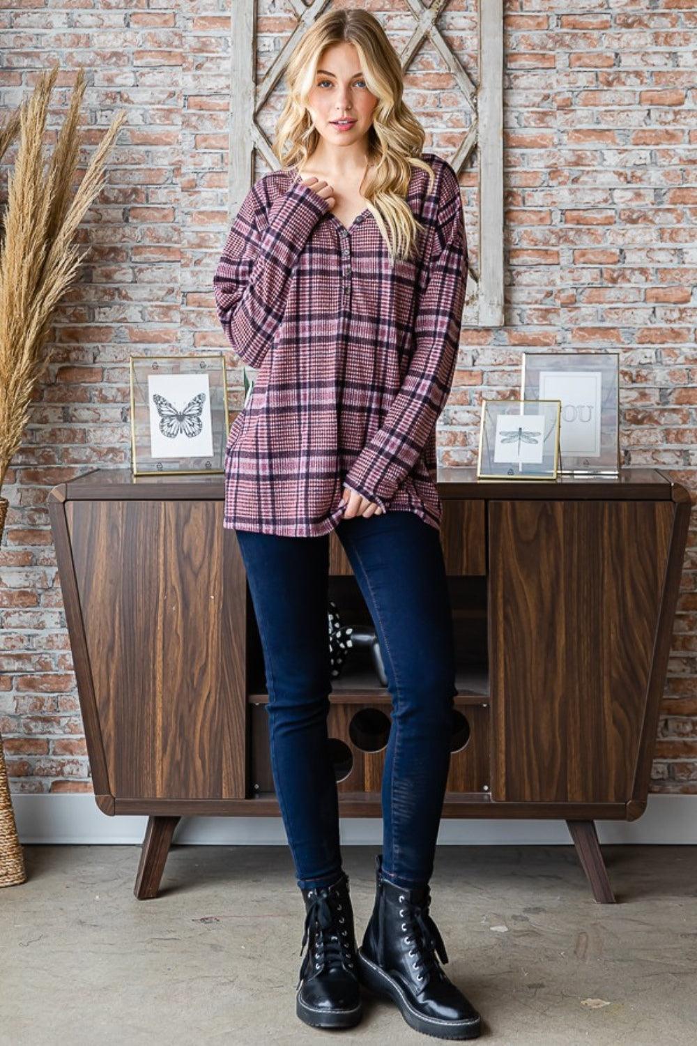 Heimish Full Size Plaid V-Neck Long Sleeve Top - Divasha