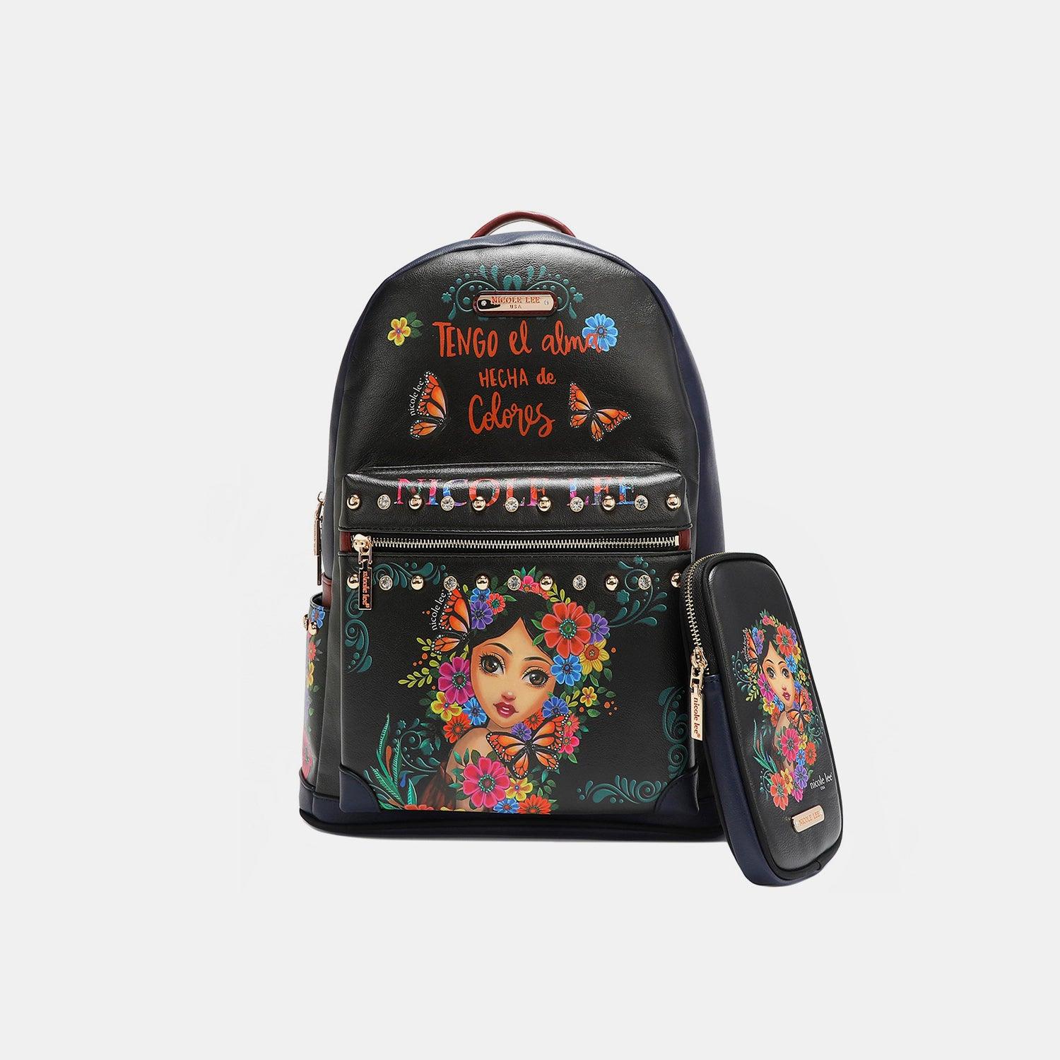 Nicole Lee USA Printed Vegan Leather Backpack Bag with Charging Port and Pouch - Divasha