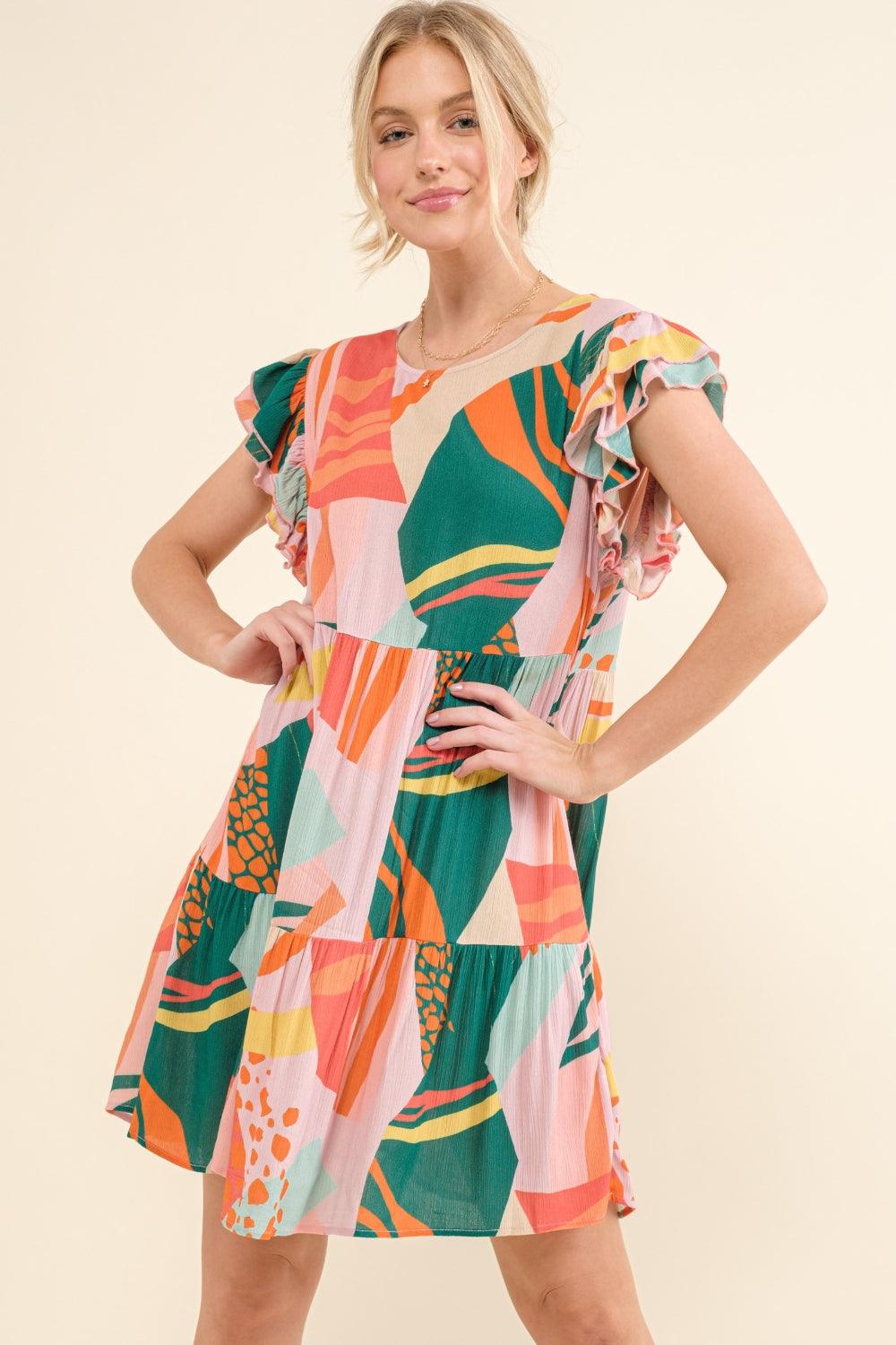 And The Why Printed Double Ruffle Sleeve Dress - Divasha