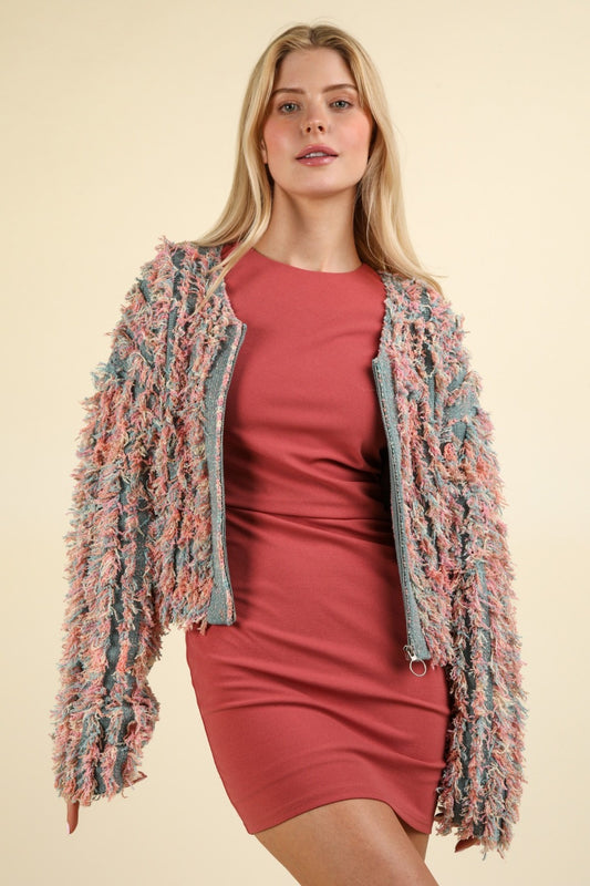 VERY J Shaggy Yarn Knit Zip Up Jacket - Divasha