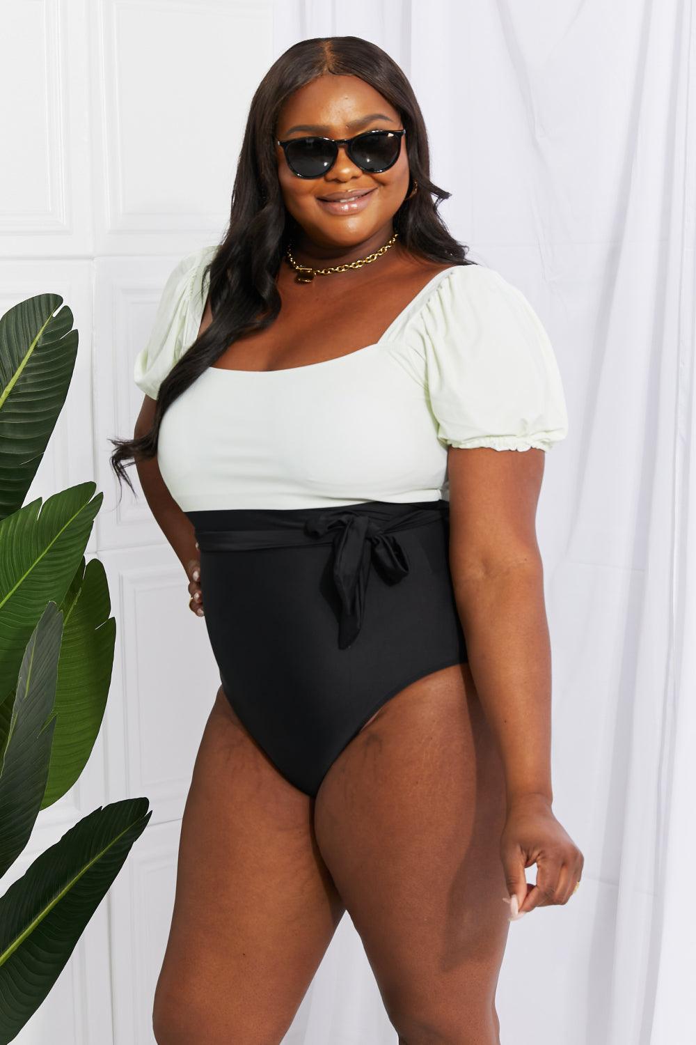 Marina West Swim Salty Air Puff Sleeve One-Piece in Cream/Black - Divasha