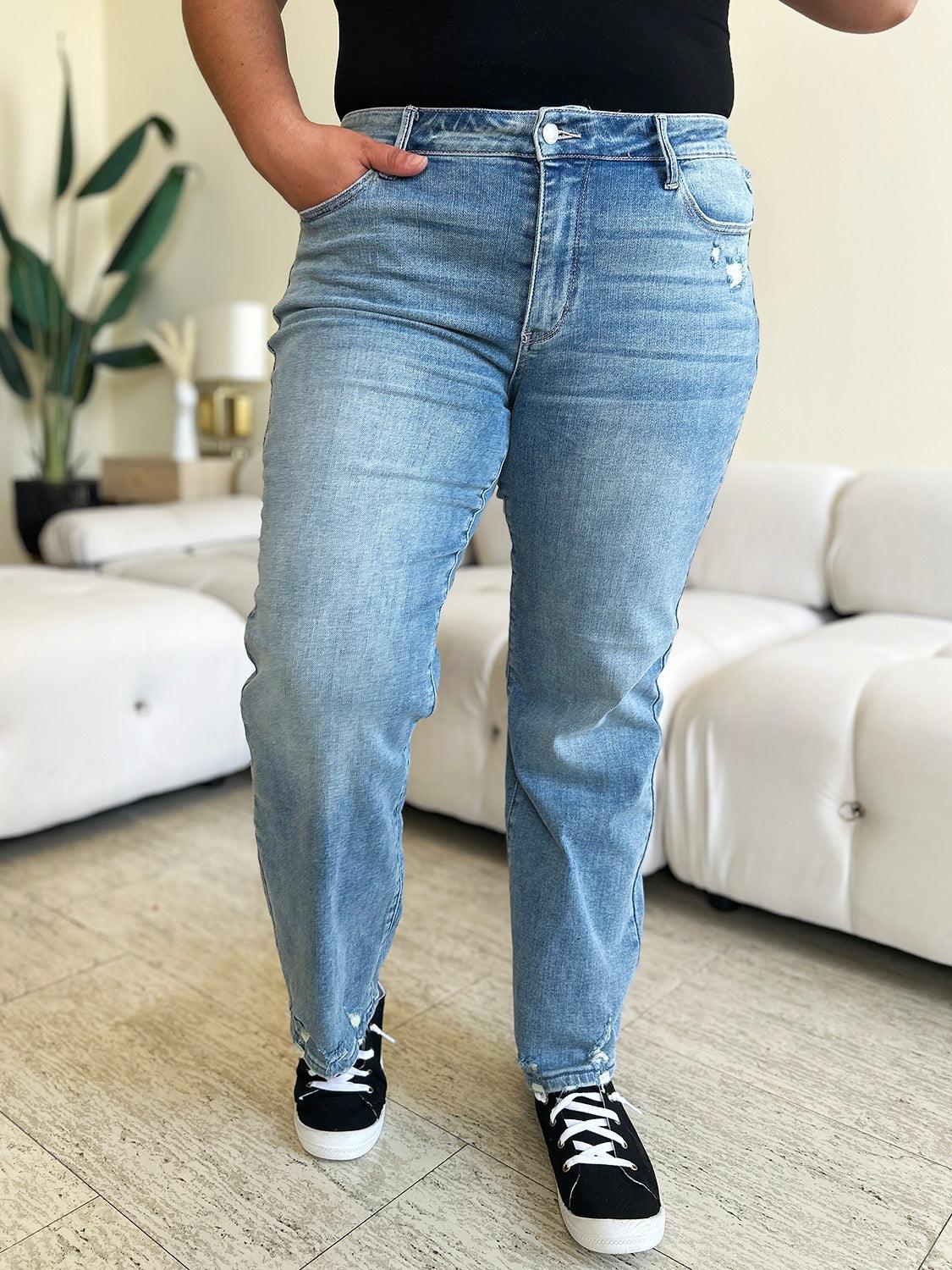 Judy Blue Full Size Mid Rise Distressed Straight Jeans - Divasha