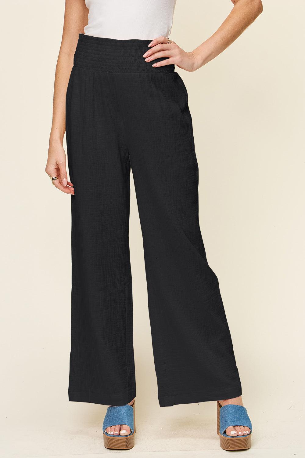 Double Take Full Size Texture Smocked Waist Wide Leg Pants - Divasha