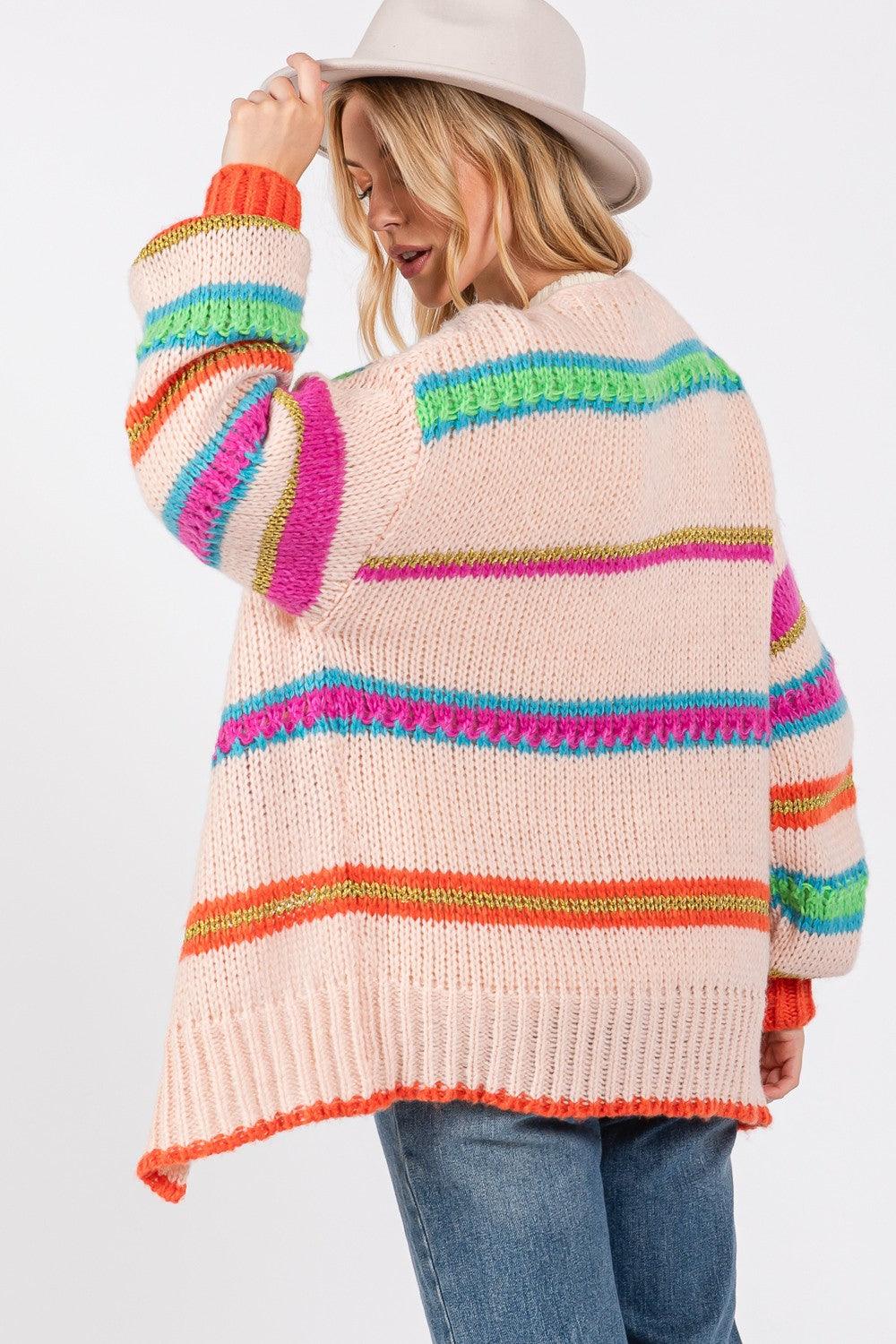 SAGE + FIG Rainbow Striped Open Front Knit Cardigan - Divasha