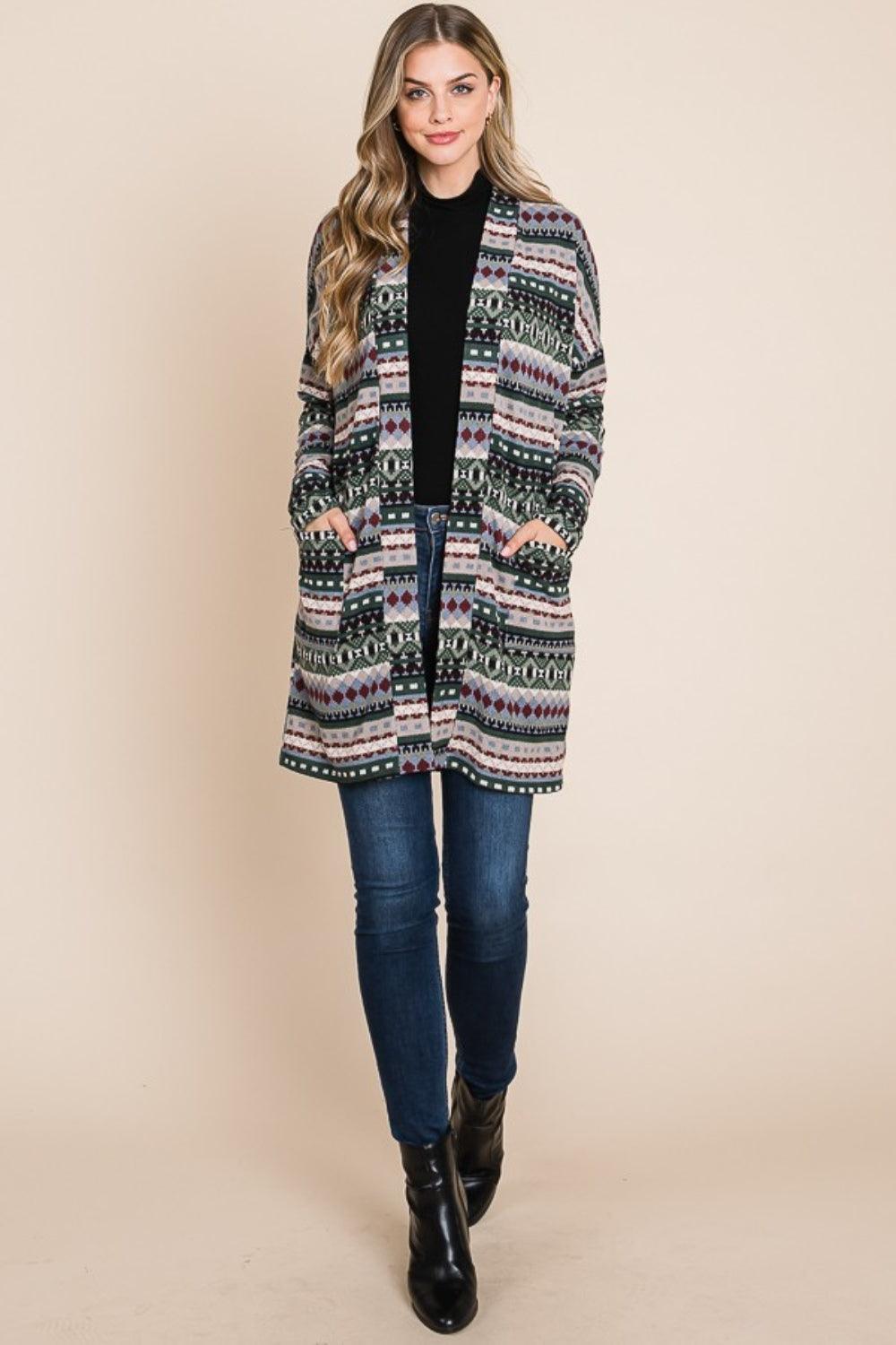 BOMBOM Geometric Open Front Long Sleeve Cardigan with Pockets - Divasha