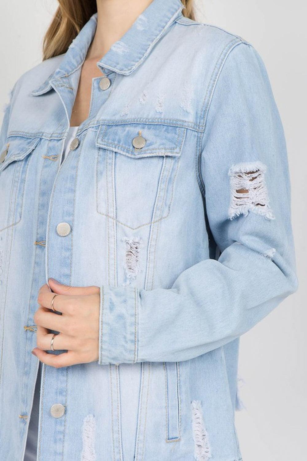 American Bazi Letter Patched Distressed Denim Jacket - Divasha