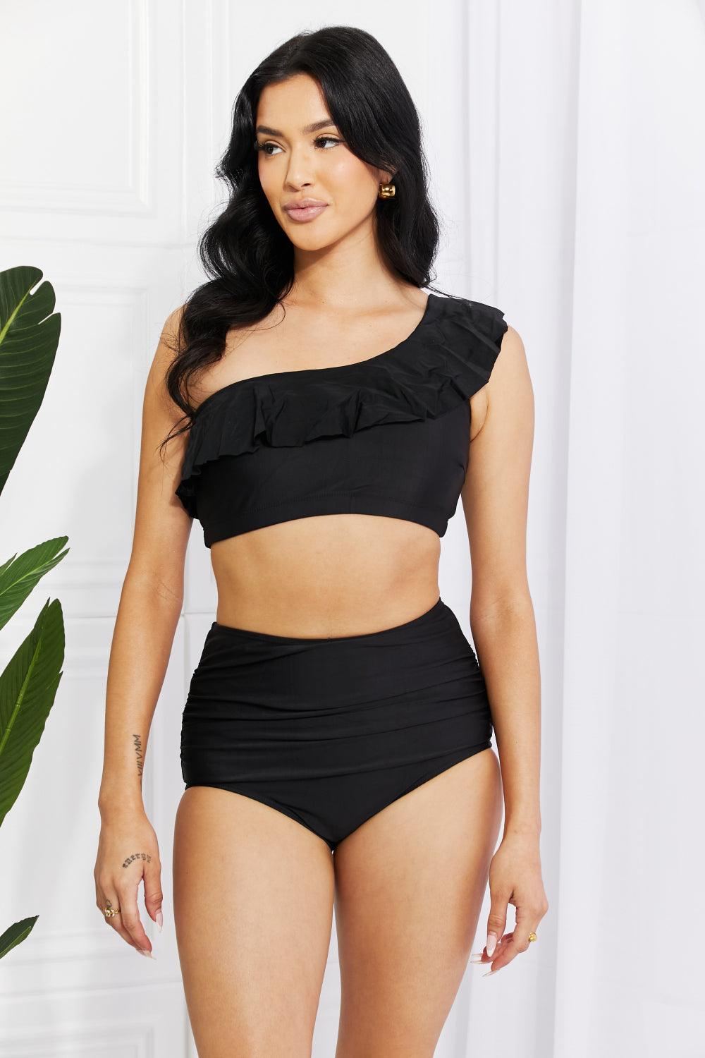 Marina West Swim Seaside Romance Ruffle One-Shoulder Bikini in Black - Divasha