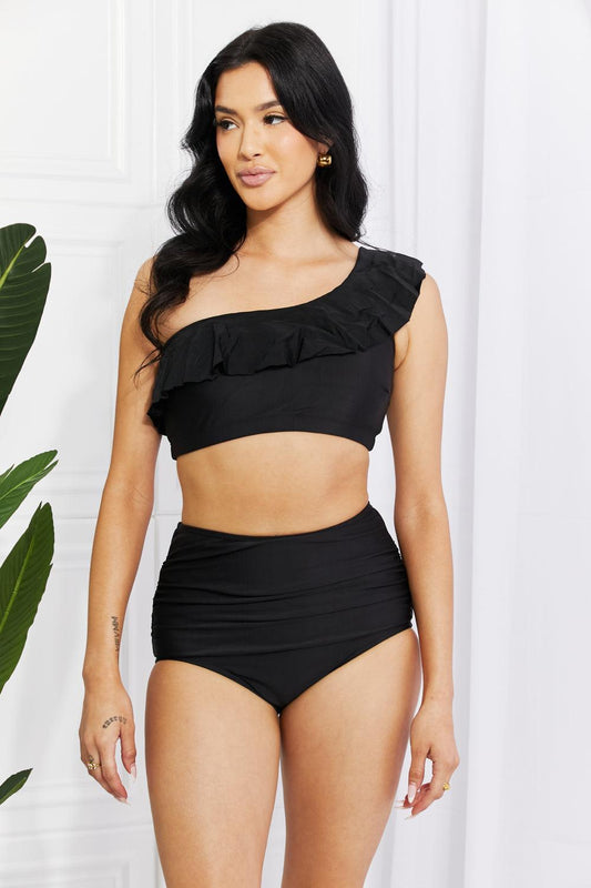 Marina West Swim Seaside Romance Ruffle One-Shoulder Bikini in Black - Divasha