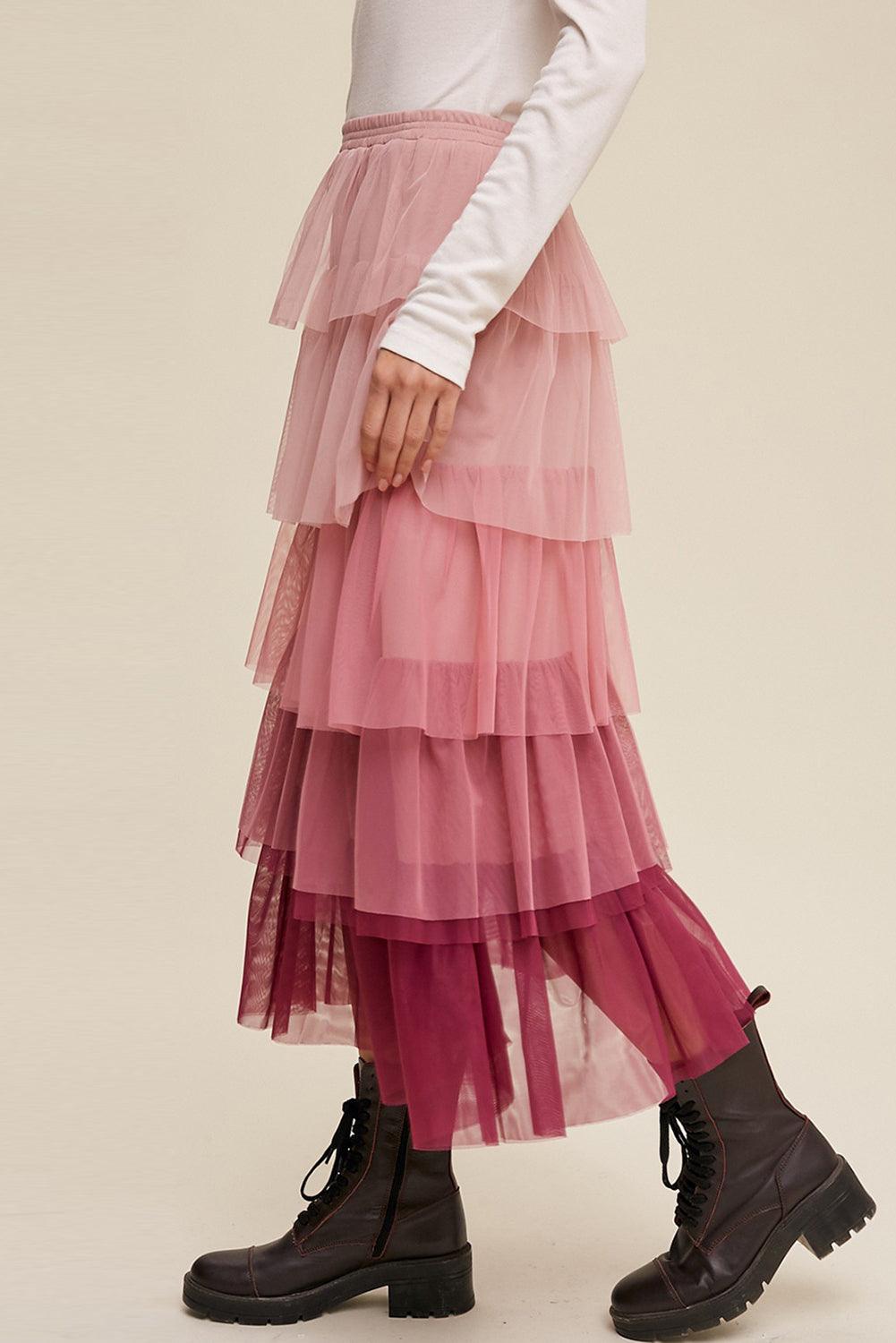 Elastic Waist Layered Tulle Midi Skirt - Divasha