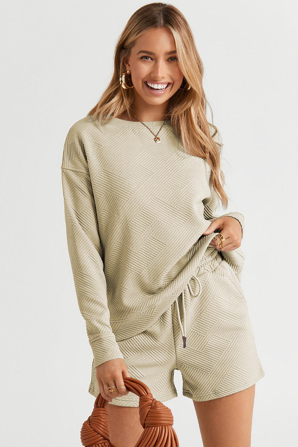 Double Take Full Size Texture Long Sleeve Top and Drawstring Shorts Set - Divasha