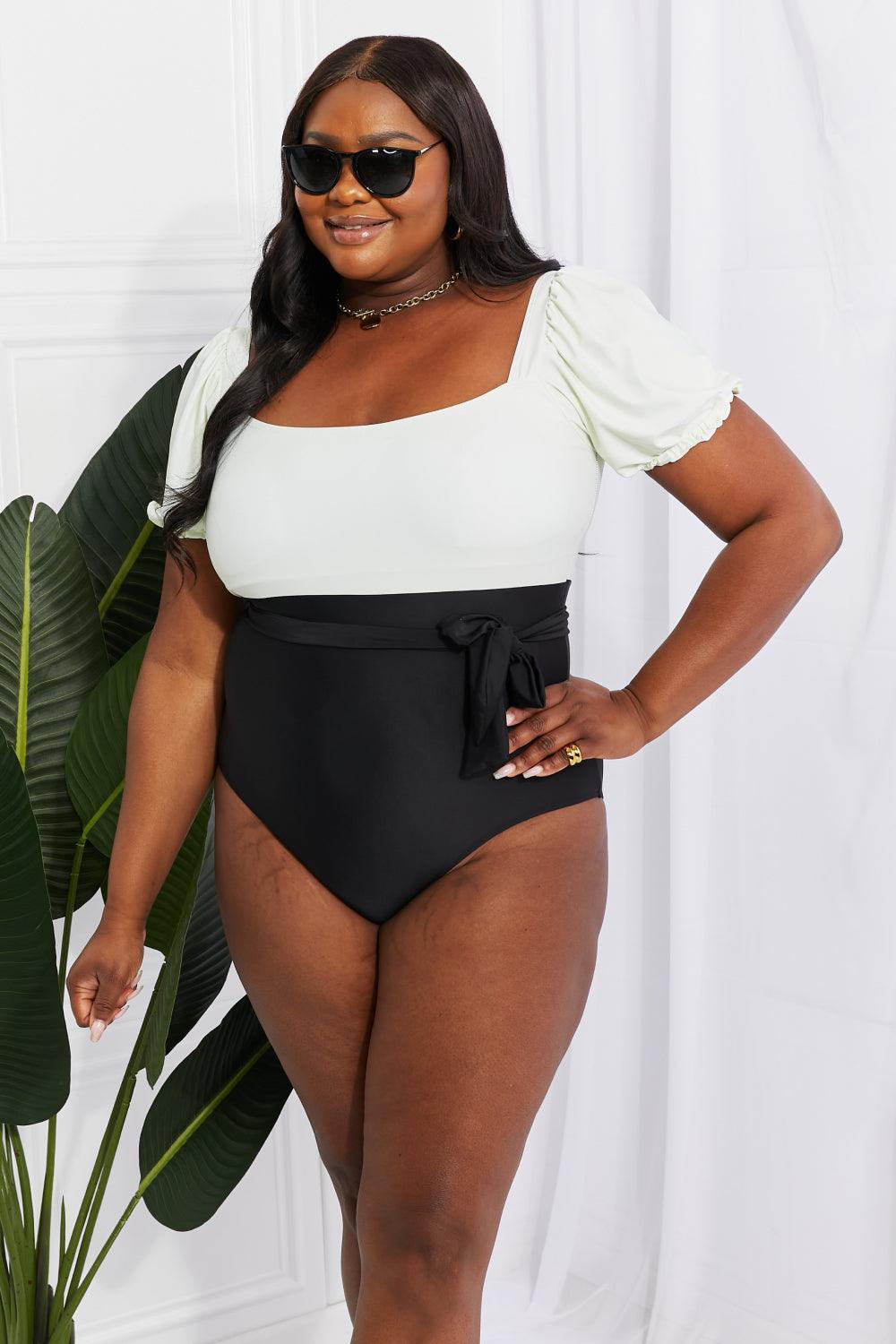 Marina West Swim Salty Air Puff Sleeve One-Piece in Cream/Black - Divasha