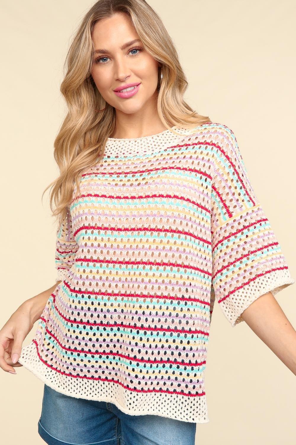 Haptics Striped Crochet Drop Shoulder Knit Top - Divasha