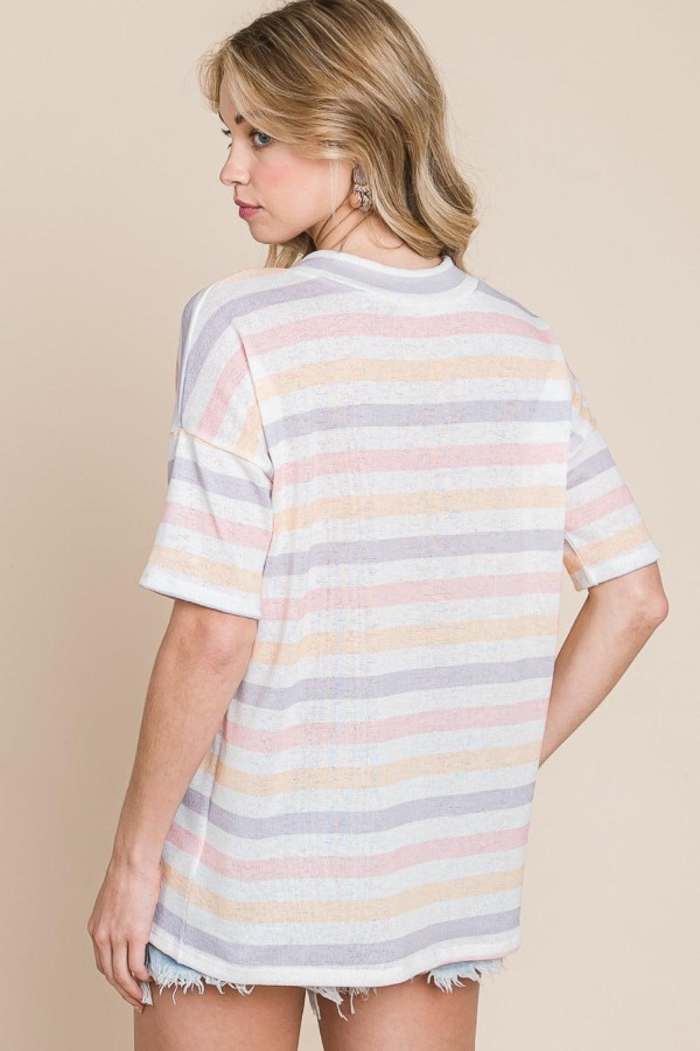 BOMBOM Striped V-Neck Short Sleeve T-Shirt - Divasha