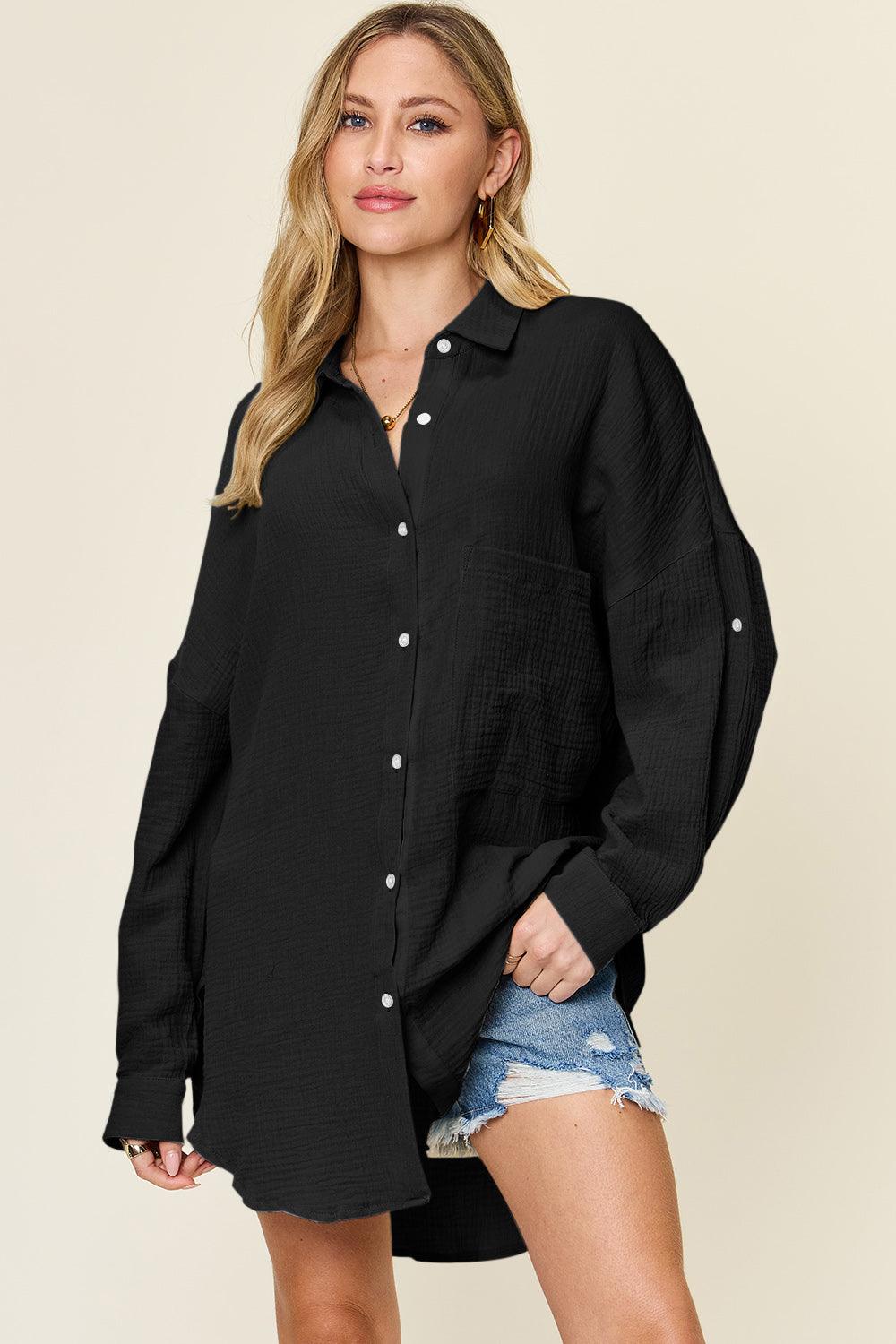 Double Take Full Size Pocketed Texture Button Up Shirt - Divasha