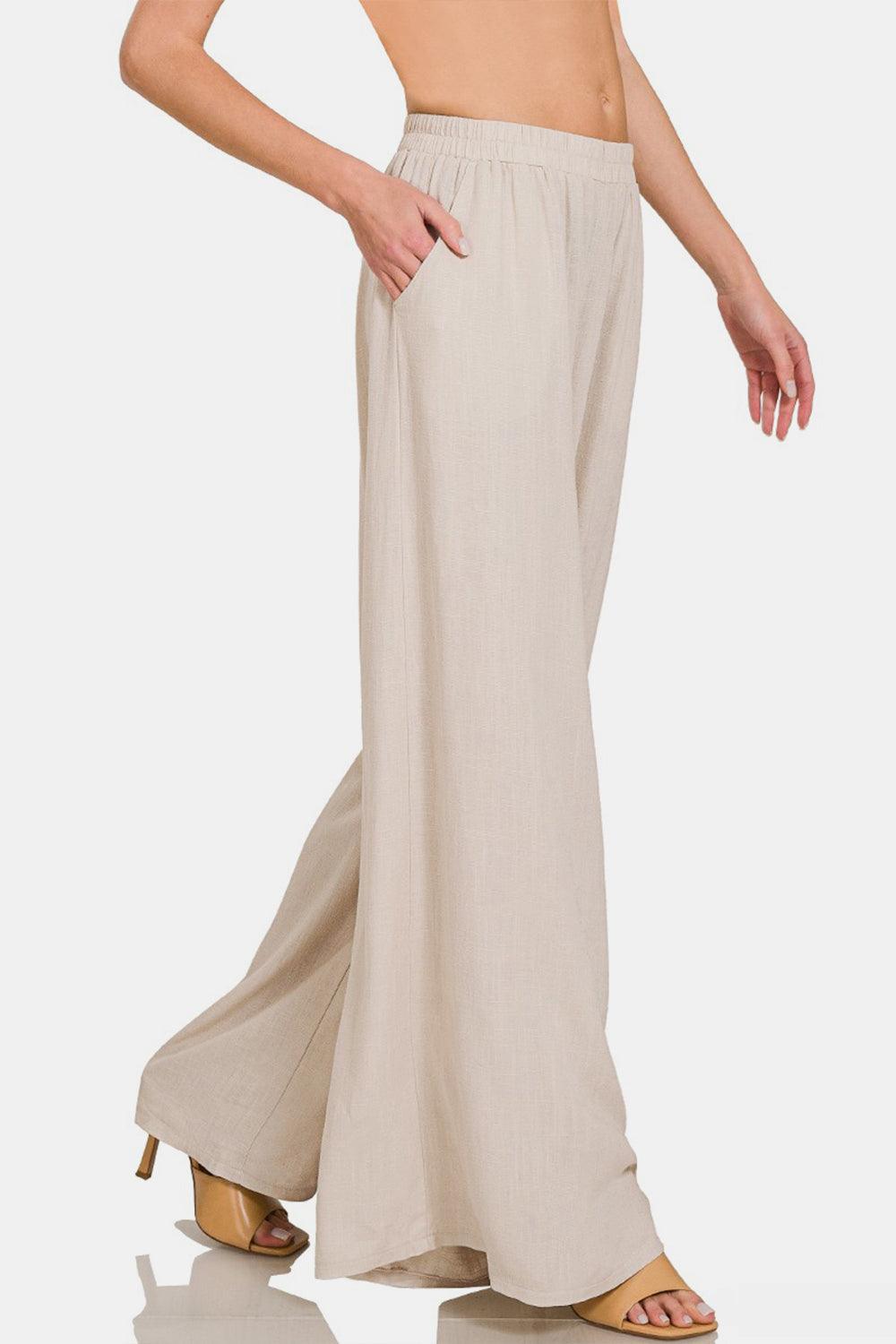 Zenana Pleated Linen Blend Wide Leg Pants - Divasha