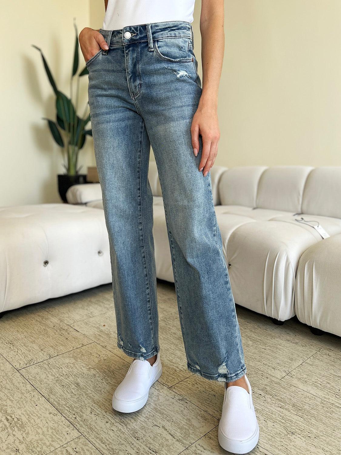 Judy Blue Full Size Mid Rise Distressed Straight Jeans - Divasha