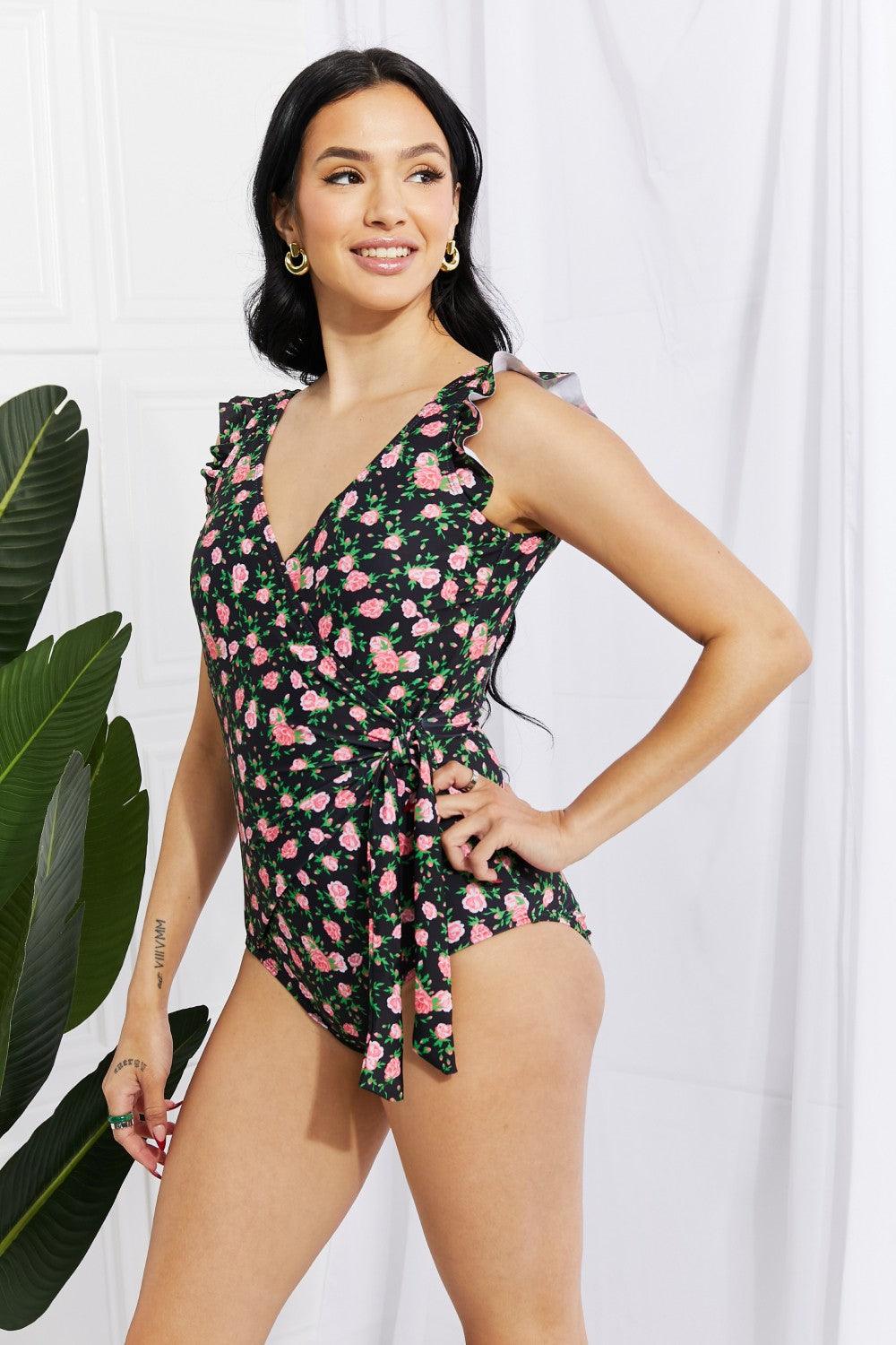 Marina West Swim Full Size Float On Ruffle Faux Wrap One-Piece in Floral - Divasha