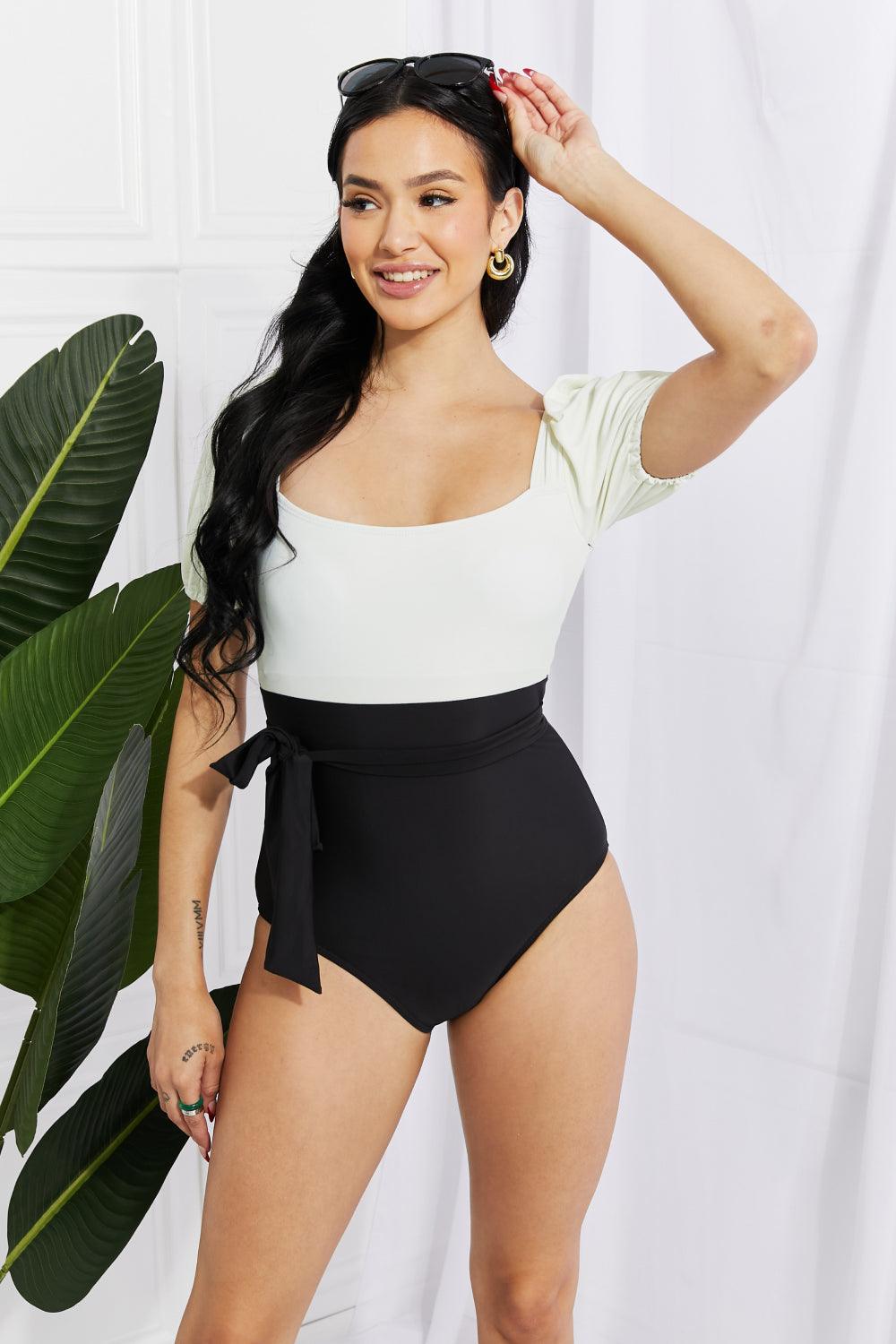 Marina West Swim Salty Air Puff Sleeve One-Piece in Cream/Black - Divasha