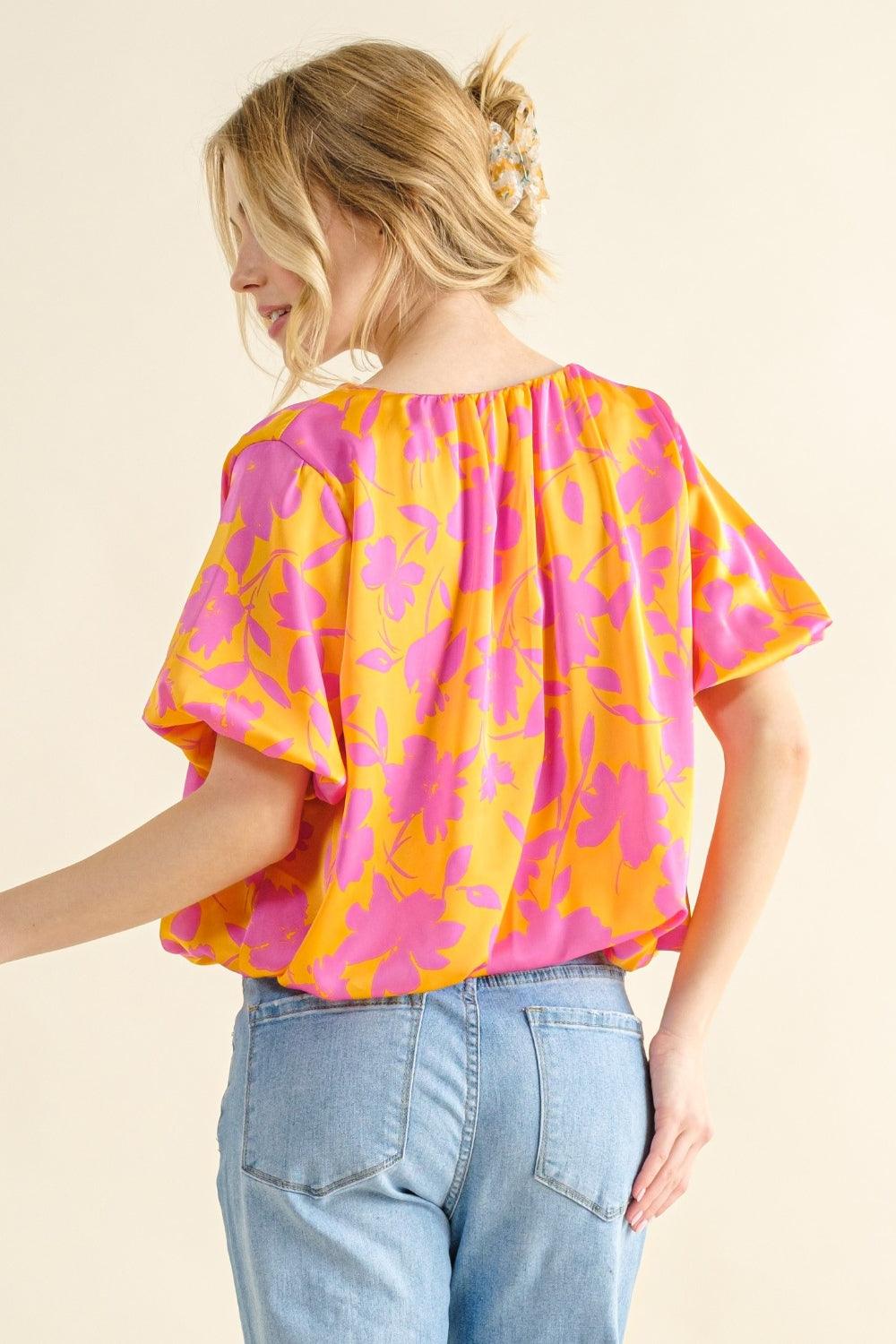 And The Why Full Size Printed Satin Bubble Hem Top - Divasha