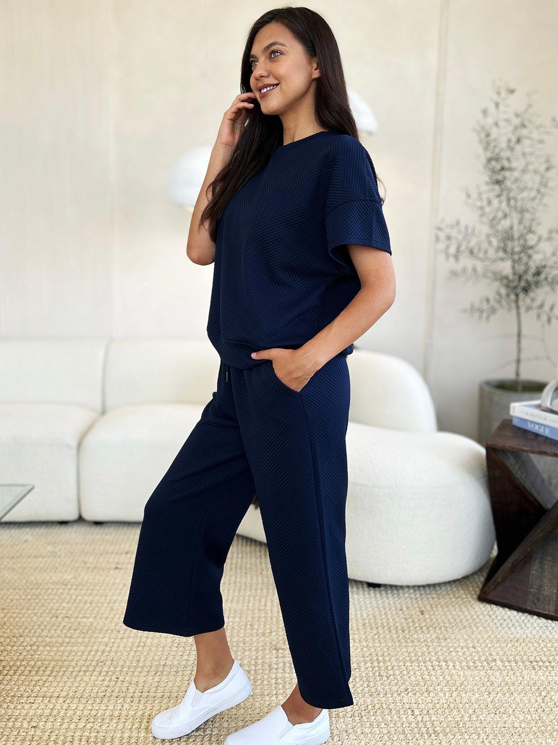 Double Take Full Size Texture Short Sleeve Top and Pants Set - Divasha