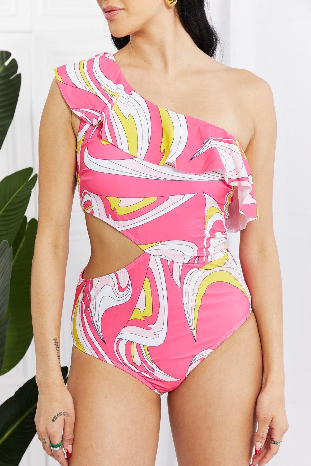 Marina West Swim Vitamin C Asymmetric Cutout Ruffle Swimsuit in Pink - Divasha