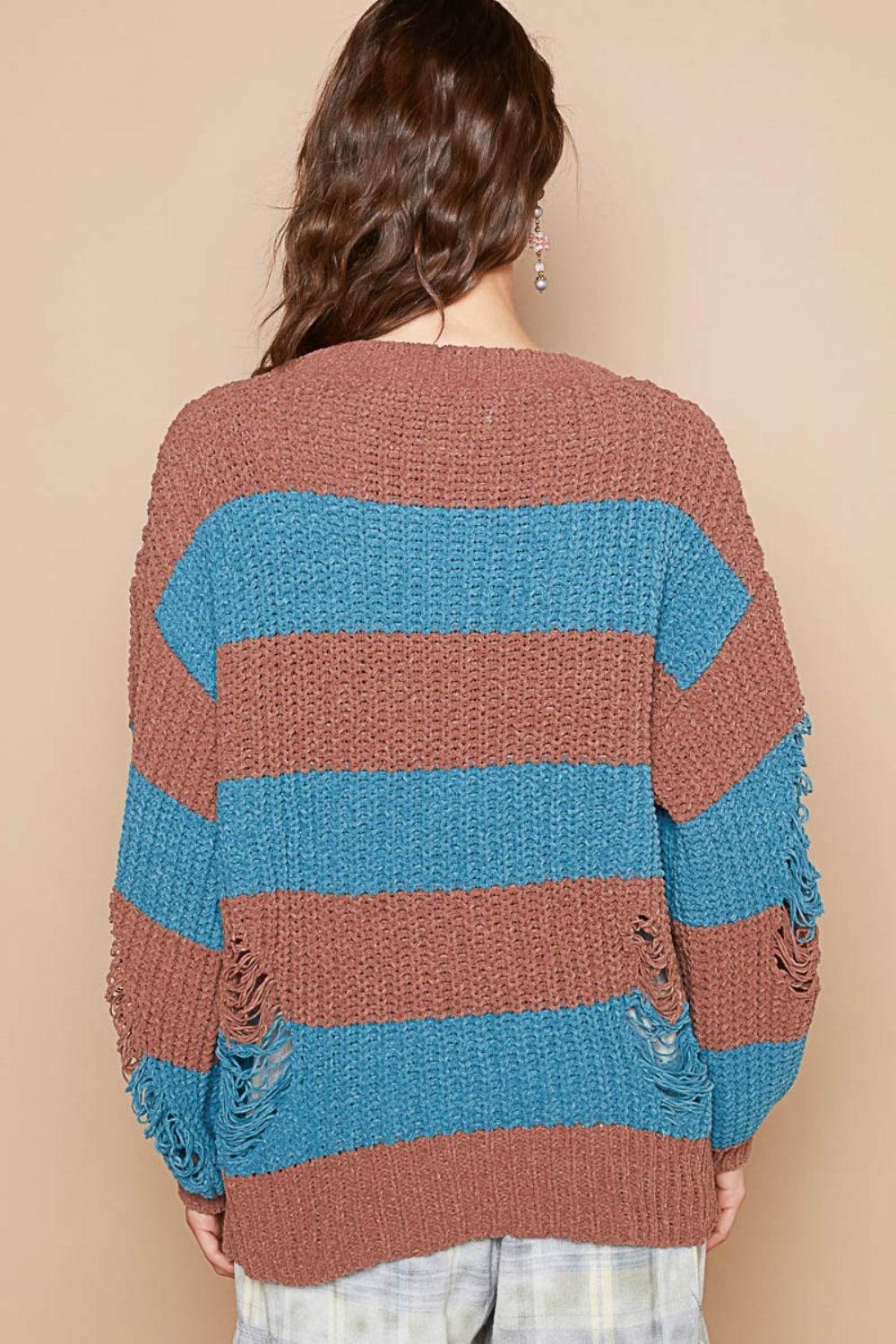 POL Striped Distressed Long Sleeve Sweater - Divasha