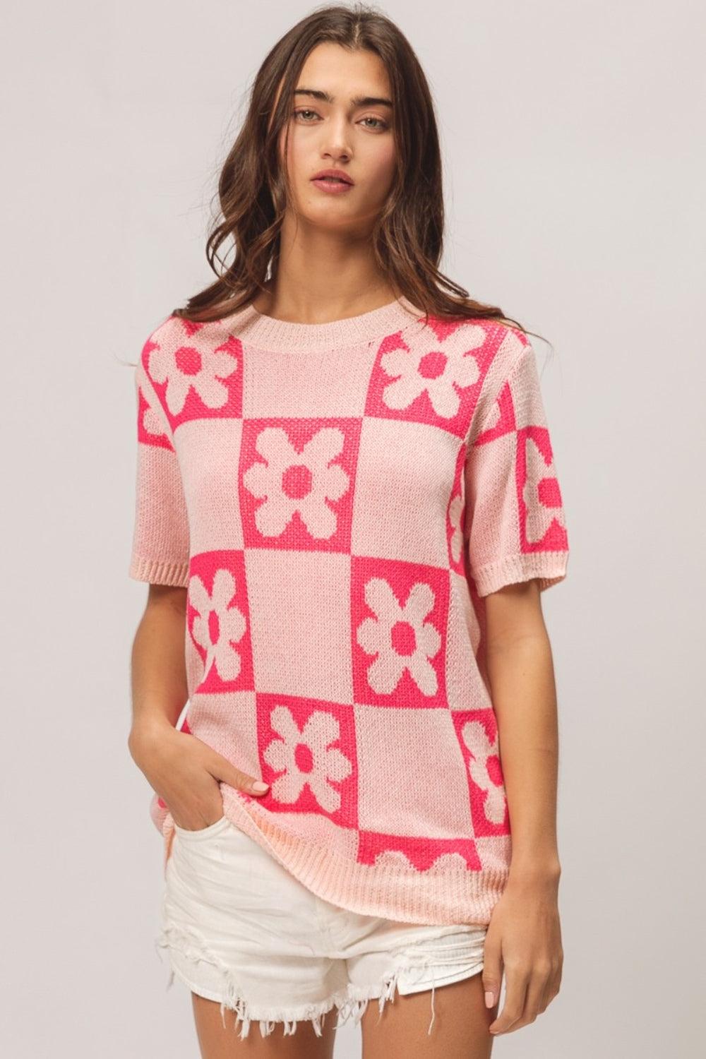 BiBi Flower Checker Pattern Short Sleeve Sweater - Divasha