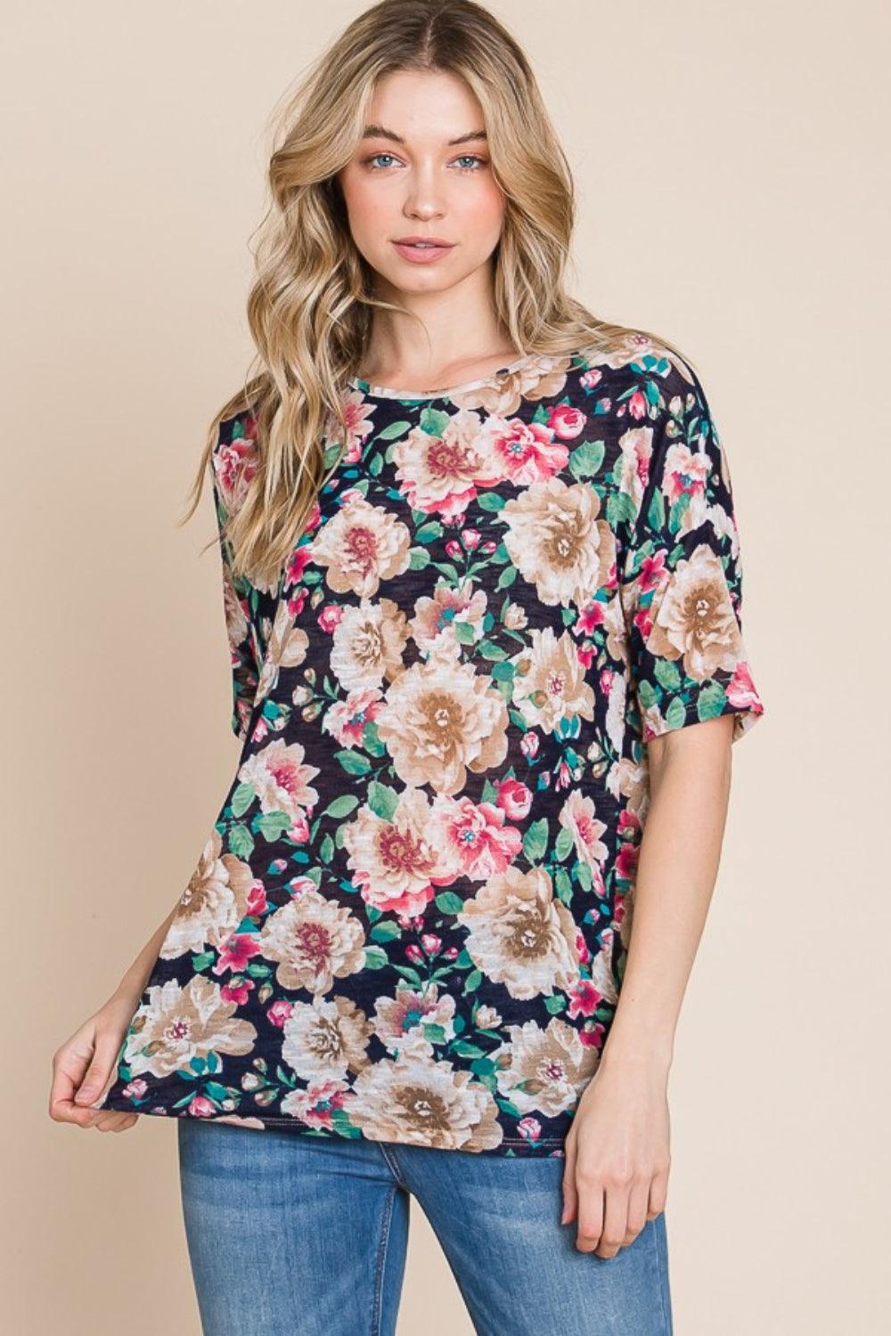 BOMBOM Floral Round Neck T-Shirt - Divasha