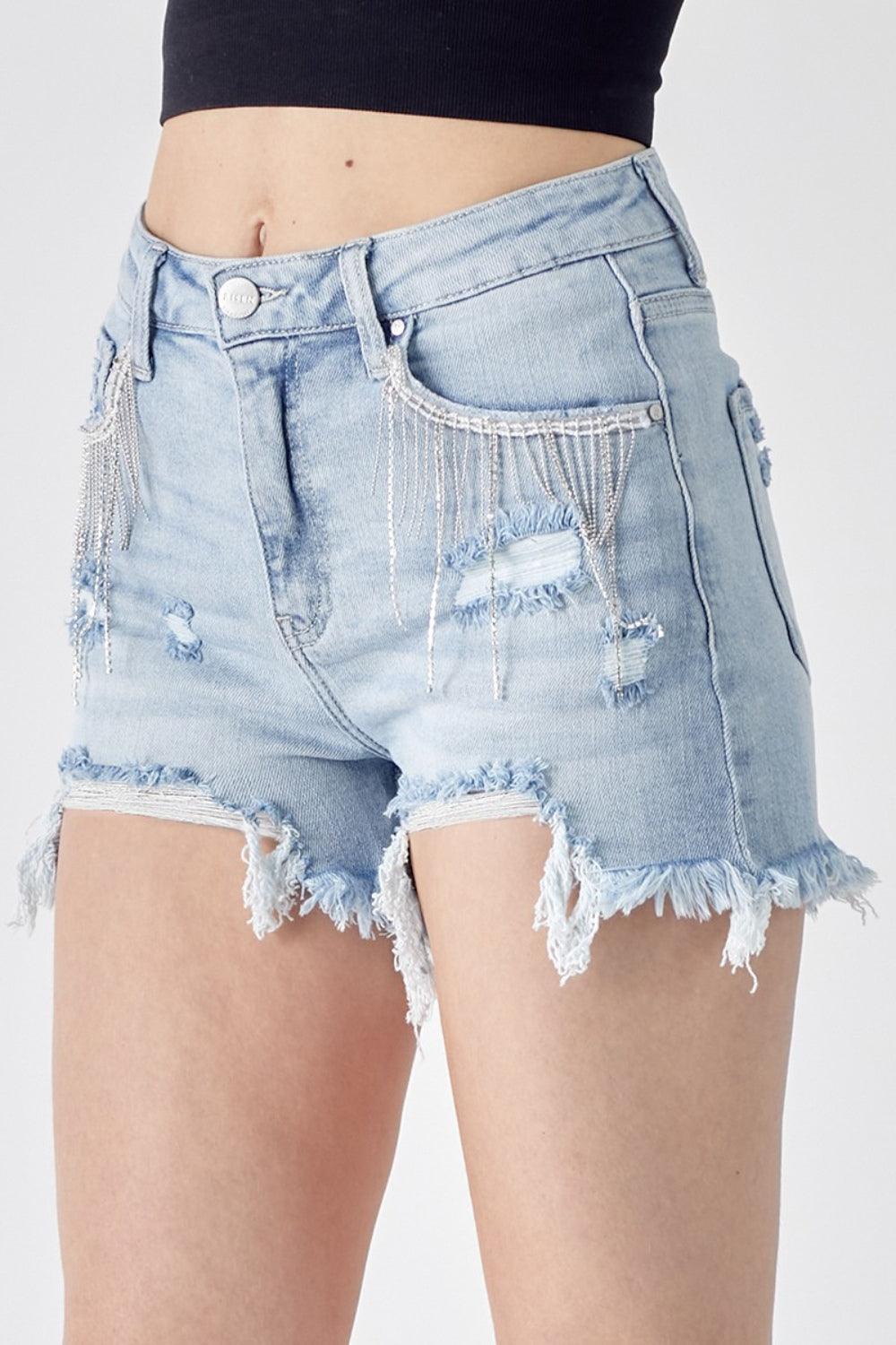 RISEN Frayed Hem Denim Shorts with Fringe Detail Pockets - Divasha