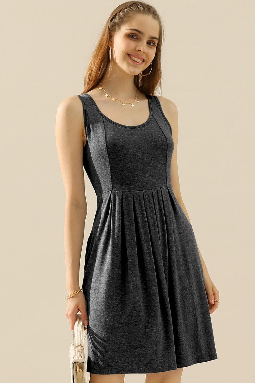 Doublju Full Size Round Neck Ruched Sleeveless Dress with Pockets - Divasha