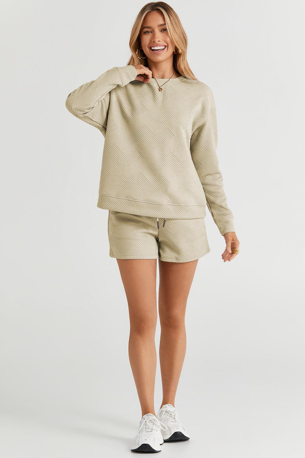 Double Take Full Size Texture Long Sleeve Top and Drawstring Shorts Set - Divasha